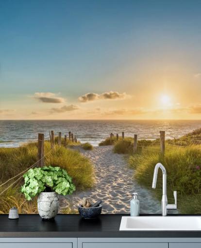 green and blue beach sunset wallpaper mural called The Way to the Sea for bathrooms, kitchens and home offices 