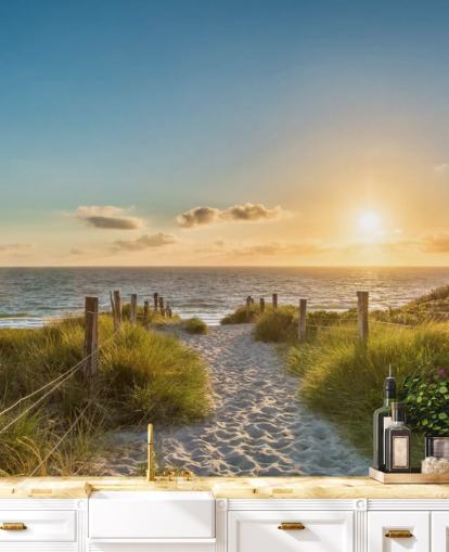 mural de papel pintado verde y azul de playa al atardecer llamado El camino al mar para baños, cocinas y oficinas en casa 