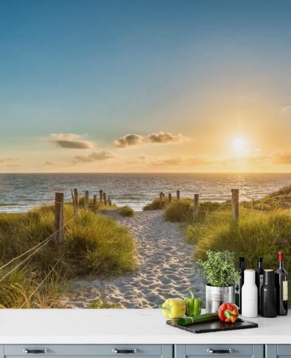 green and blue beach sunset wallpaper mural called The Way to the Sea for bathrooms, kitchens and home offices 