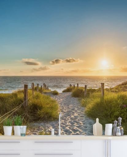 mural de papel pintado verde y azul de playa al atardecer llamado El camino al mar para baños, cocinas y oficinas en casa 