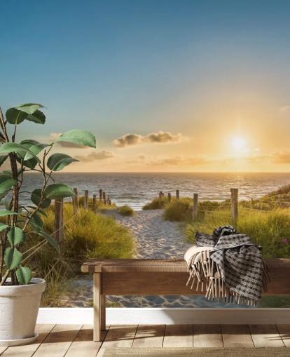 groene en blauwe strandzonsondergang muurschildering genaamd The Way to the Sea voor badkamers, keukens en thuiskantoren 