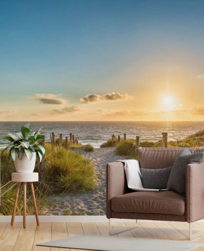 grøn og blå strand solnedgang tapetmaleri kaldet Vejen til havet til badeværelser, køkkener og hjemmekontorer 