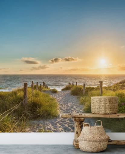 mural de papel pintado verde y azul de playa al atardecer llamado El camino al mar para baños, cocinas y oficinas en casa mural de papel pintado verde y azul de playa al atardecer llamado El camino al mar para baños, cocinas y oficinas en casa