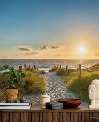 green and blue beach sunset wallpaper mural called The Way to the Sea for bathrooms, kitchens and home offices green and blue beach sunset wallpaper mural called The Way to the Sea for bathrooms, kitchens and home offices