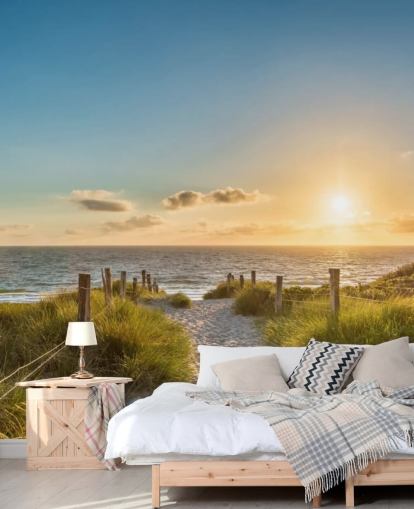 green and blue beach sunset wallpaper mural called The Way to the Sea for bathrooms, kitchens and home offices 