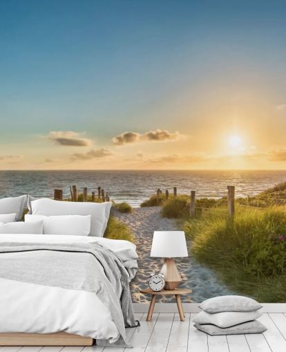 green and blue beach sunset wallpaper mural called The Way to the Sea for bathrooms, kitchens and home offices 