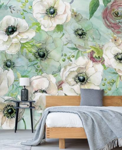 Papel pintado Flores blancas y rosas