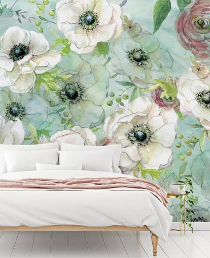 Papel pintado Flores blancas y rosas