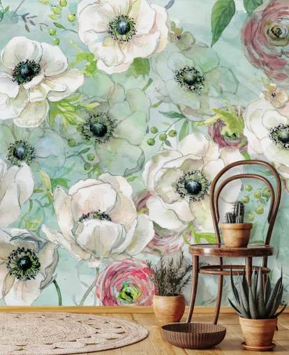 Witte en roze bloemen behang