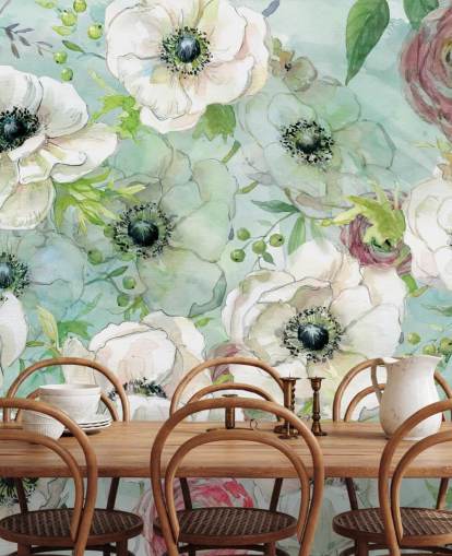 Witte en roze bloemen behang