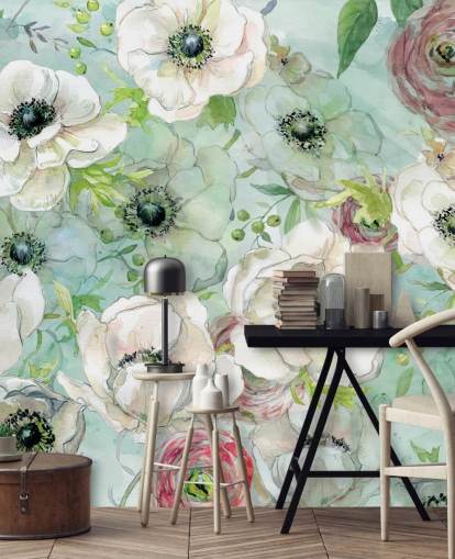 Papel pintado Flores blancas y rosas Papel pintado Flores blancas y rosas