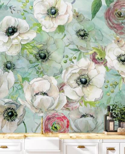 Papel pintado Flores blancas y rosas