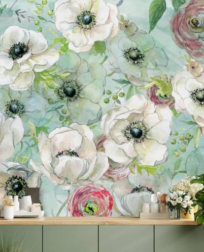 Witte en roze bloemen behang