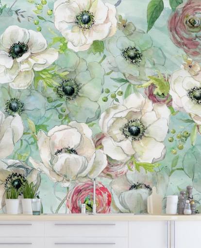 Weiße und rosa Blumen bemalte Tapete