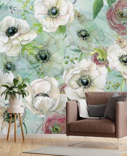 Papel pintado Flores blancas y rosas