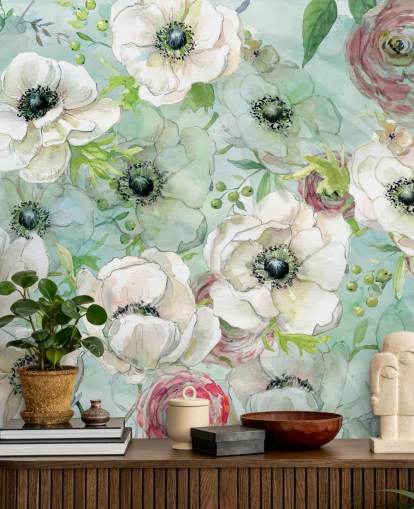 Carta da parati con fiori bianchi e rosa