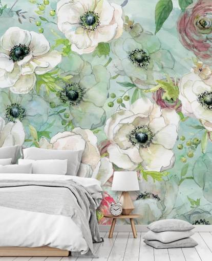 Papel pintado Flores blancas y rosas