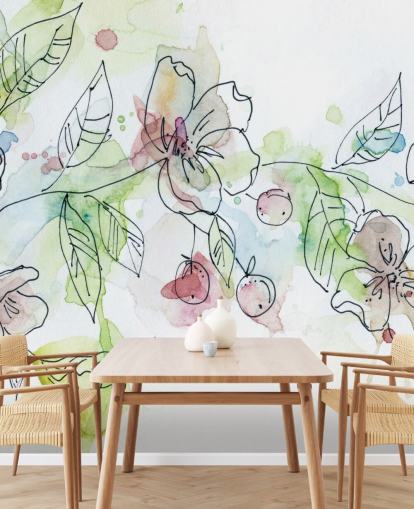 watercolour floral wallpaper mural called Apple Blossoms by Carol Robinson for bedrooms and living rooms