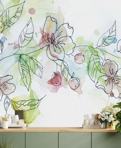 watercolour floral wallpaper mural called Apple Blossoms by Carol Robinson for bedrooms and living rooms