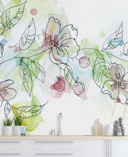 watercolour floral wallpaper mural called Apple Blossoms by Carol Robinson for bedrooms and living rooms