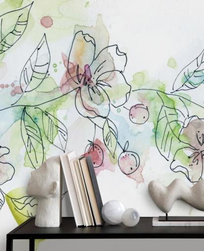 watercolour floral wallpaper mural called Apple Blossoms by Carol Robinson for bedrooms and living rooms