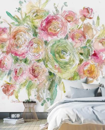 Pink og grøn rose buket vægmaleri 