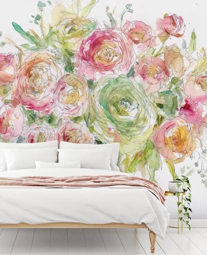 Decorazione murale con bouquet di rose rosa e verdi 