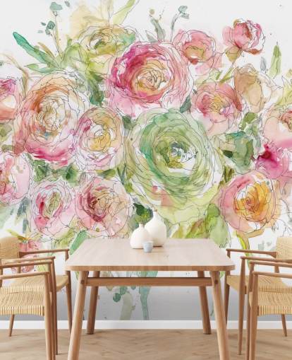 Décoration murale bouquet de roses roses et vertes 