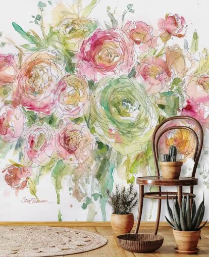 Decorazione murale con bouquet di rose rosa e verdi 