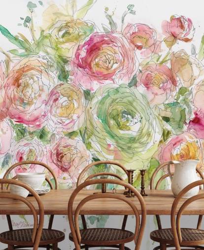 Mural de pared Ramo de rosas rosas y verdes Mural de pared Ramo de rosas rosas y verdes