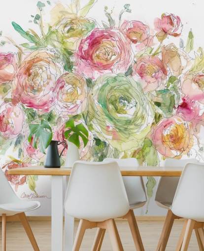 Décoration murale bouquet de roses roses et vertes 