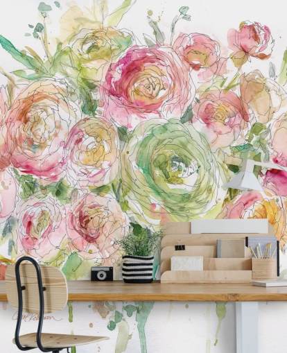 Pink and Green Rose Bouquet Wall Mural 