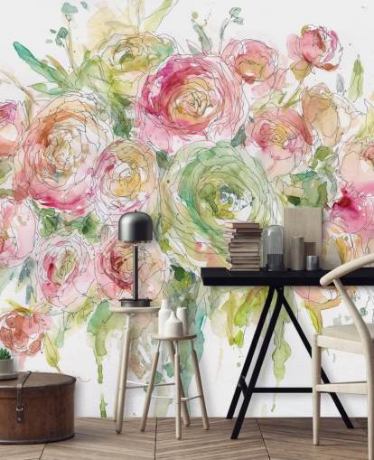 Pink and Green Rose Bouquet Wall Mural 