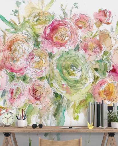 Décoration murale bouquet de roses roses et vertes 