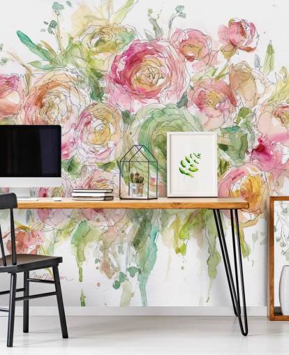 Mural de pared Ramo de rosas rosas y verdes 