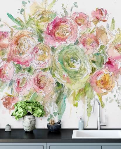 Pink and Green Rose Bouquet Wall Mural 