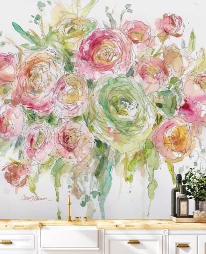 Roze en groene rozenboeket muurschildering 