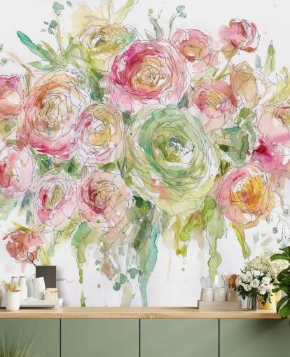 Pink and Green Rose Bouquet Wall Mural 