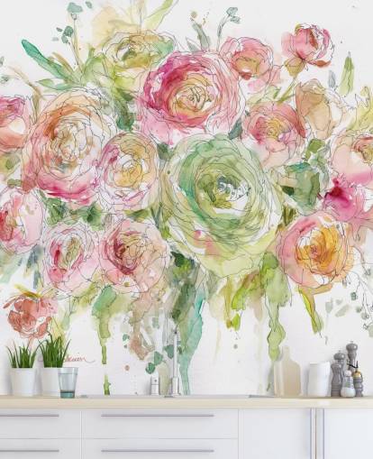 Mural de parede de buquê de rosa rosa e verde 