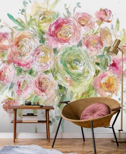 Rosa og grønn Rose Bouquet Veggmaleri 