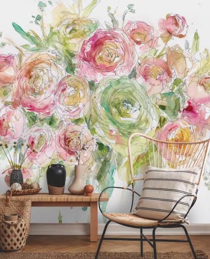 Décoration murale bouquet de roses roses et vertes 