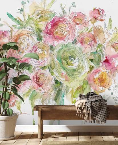 Mural de pared Ramo de rosas rosas y verdes Mural de pared Ramo de rosas rosas y verdes