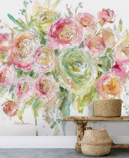 Pink and Green Rose Bouquet Wall Mural 