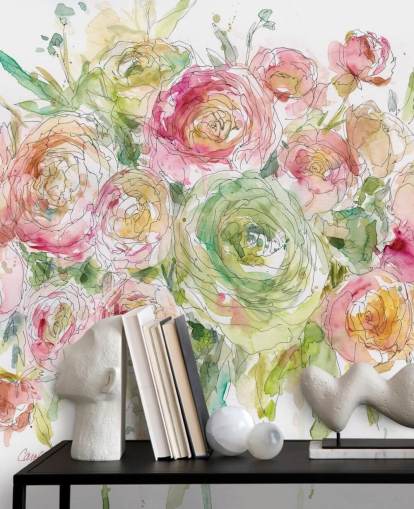 Decorazione murale con bouquet di rose rosa e verdi Decorazione murale con bouquet di rose rosa e verdi