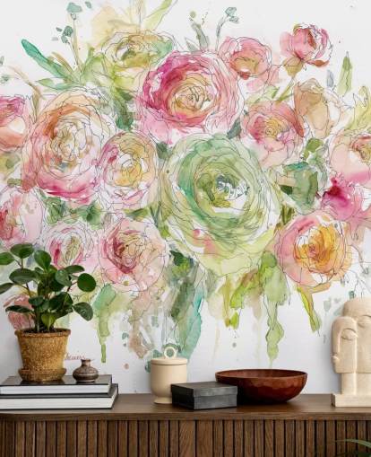 Mural de parede de buquê de rosa rosa e verde Mural de parede de buquê de rosa rosa e verde