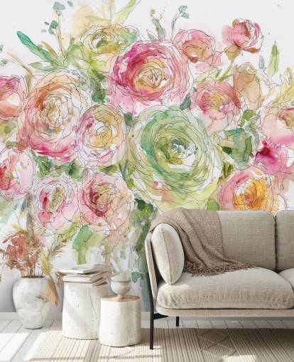 Mural de parede de buquê de rosa rosa e verde 