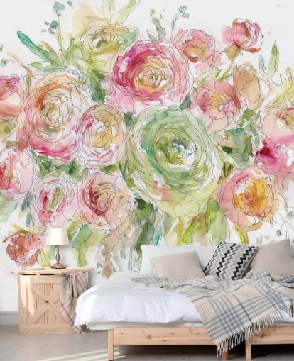 Decorazione murale con bouquet di rose rosa e verdi 