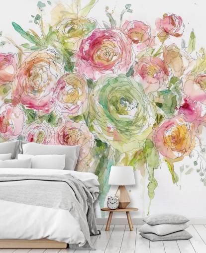 Pink og grøn rose buket vægmaleri 