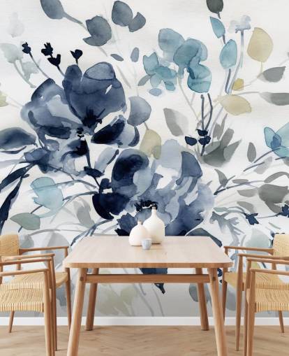 marineblått tilpassbart botanisk tapetmaleri kalt Indigo Garden 2 av Carol Robinson for soverom og salonger marineblått tilpassbart botanisk tapetmaleri kalt Indigo Garden 2 av Carol Robinson for soverom og salonger