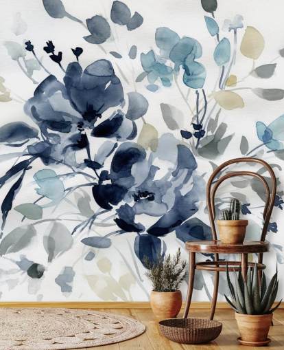 mural de papel de parede botânico personalizável em azul marinho chamado Indigo Garden 2 de Carol Robinson para quartos e salões